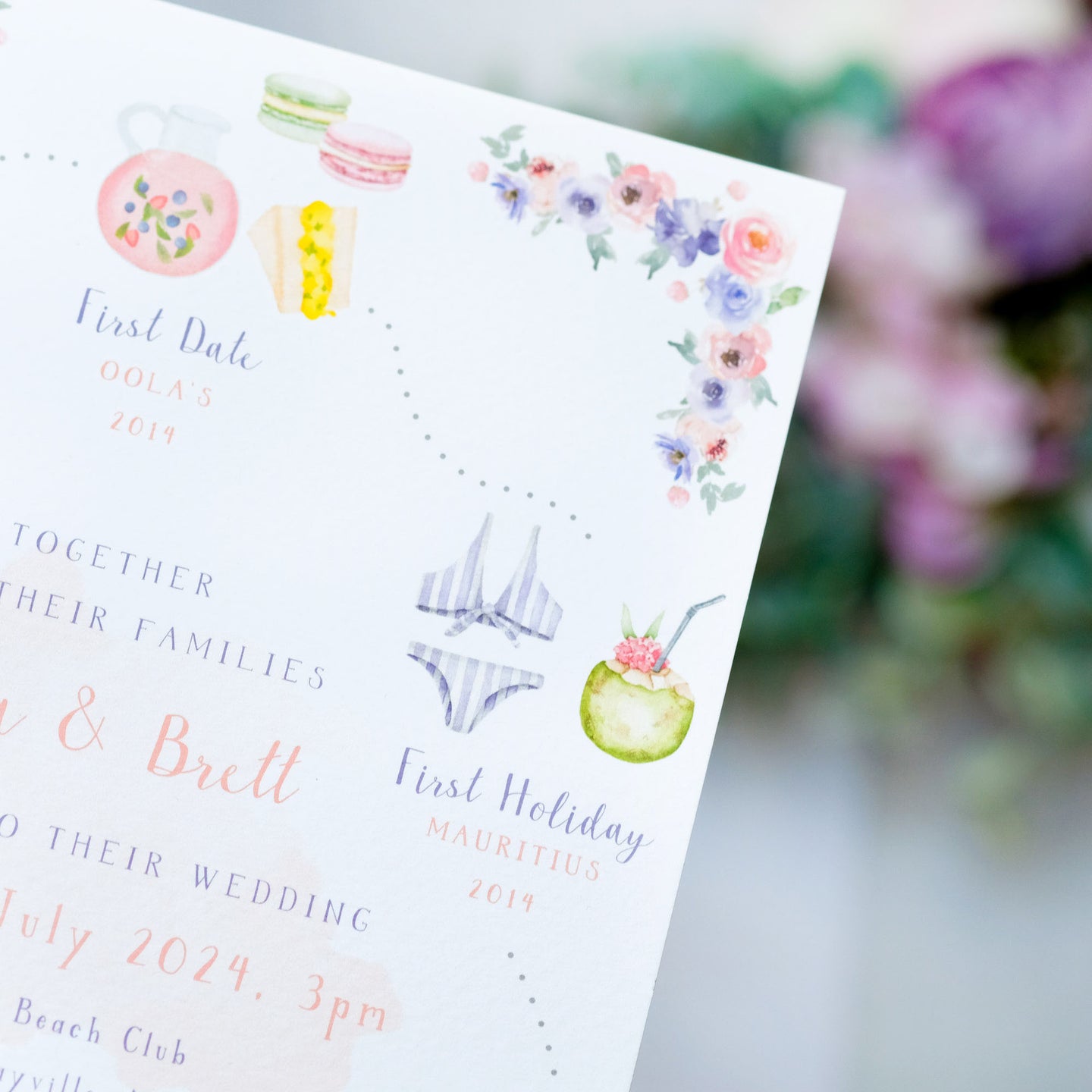 Wedding invitation with watercolour lilan and pink floral border, tells the story of your relationship, bespoke hand painted illustrations